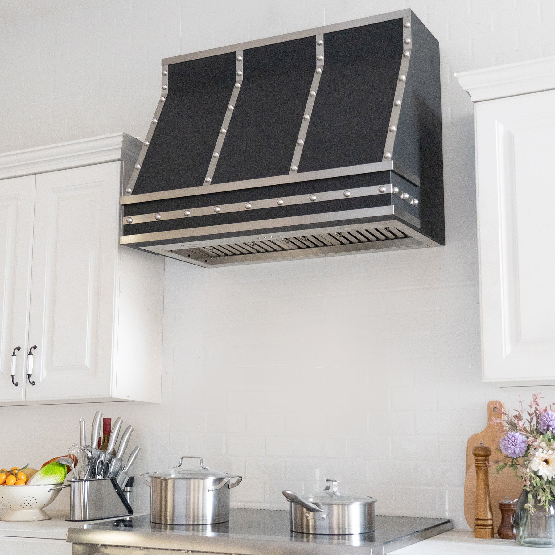 Fobest Handcrafted Black Stainless Steel Range Hood wiht straps and rivets in kitchen FSS-76 - hood model