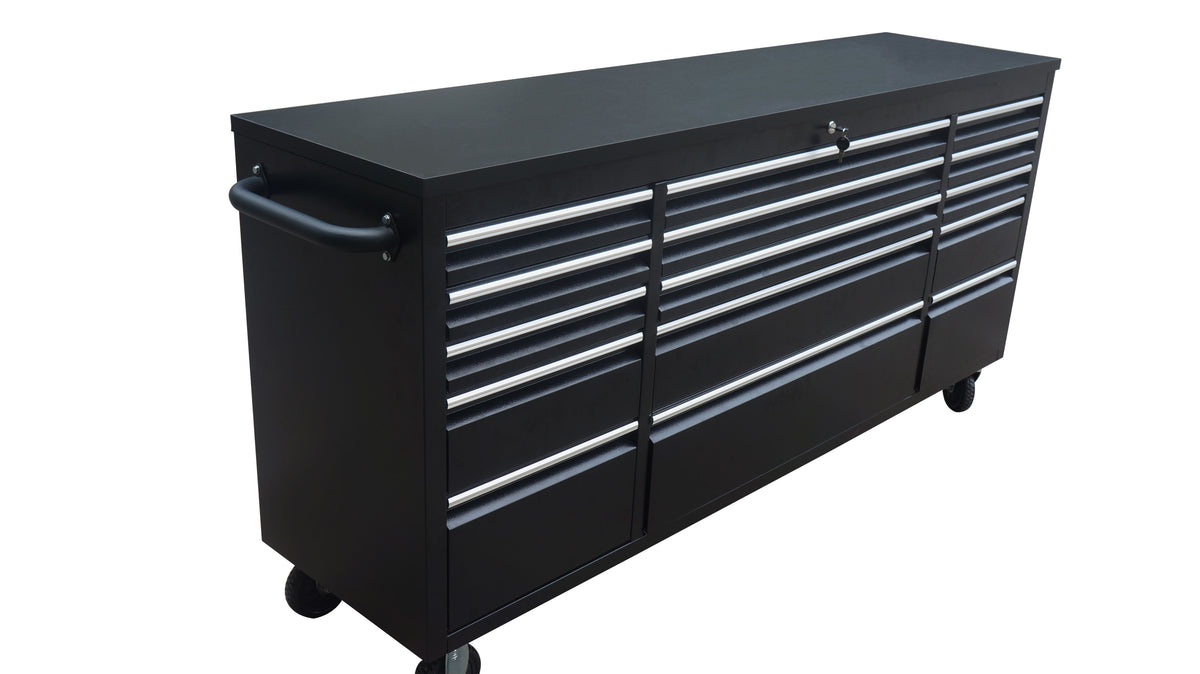 Fobest 72in 15 Drawers Mobile Black Tool Chest with Rubber Wood Top