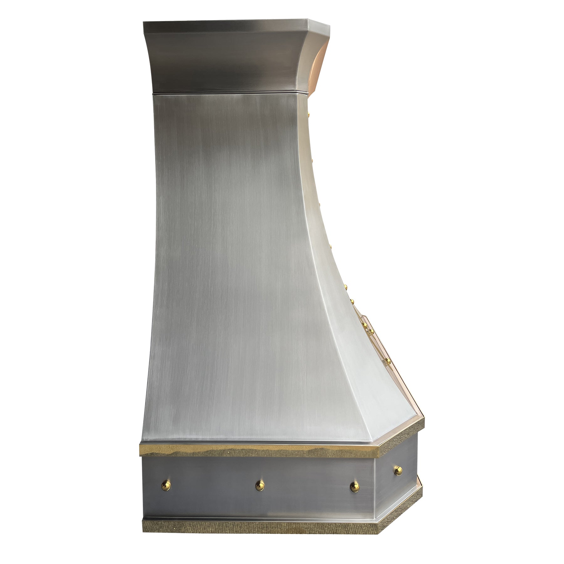 Fobest Custom  Brushed Stainless Steel Range Hood with polished brass straps and rivets -FSS-8  hood model - left view