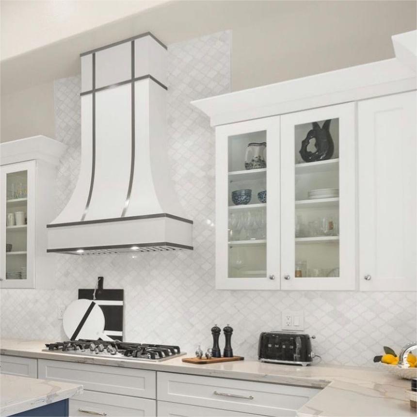 Fobest Custom White Stainless Steel Range Hood with antique straps and rivets FSS-141