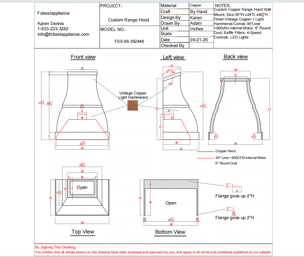Fobest Custom Range Hood-FSS-56-Copper Metal Range Hood Custom Link for Phil
