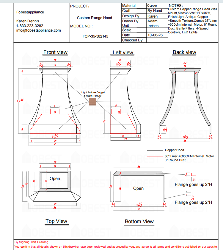 Fobest Custom Range Hood-FCP-35 Copper Metal Range Hood Custom Link for Rebecca