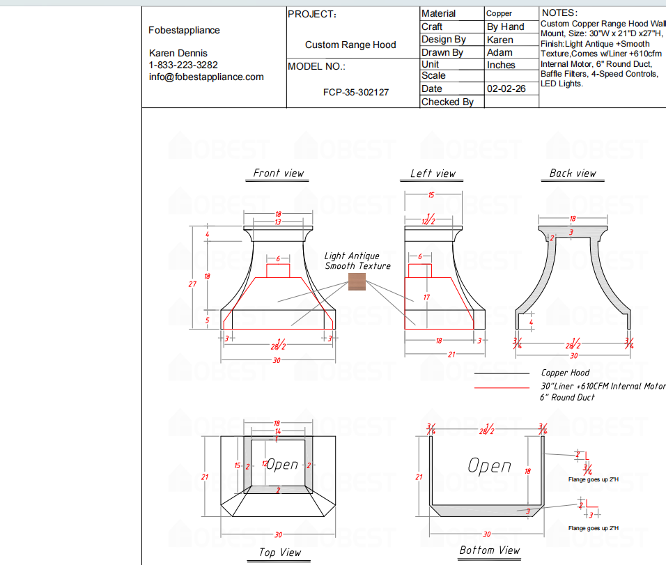 FOBEST Custom Range Hood-FCP-35 Custom Link for Paul
