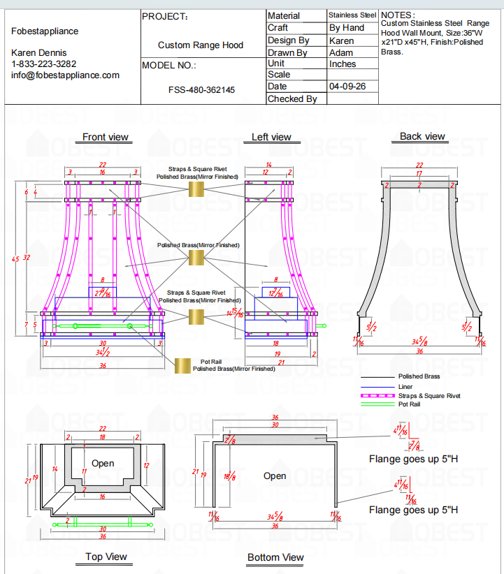 Fobest Custom Range Hood-FSS- 480 Custom Link for Paul