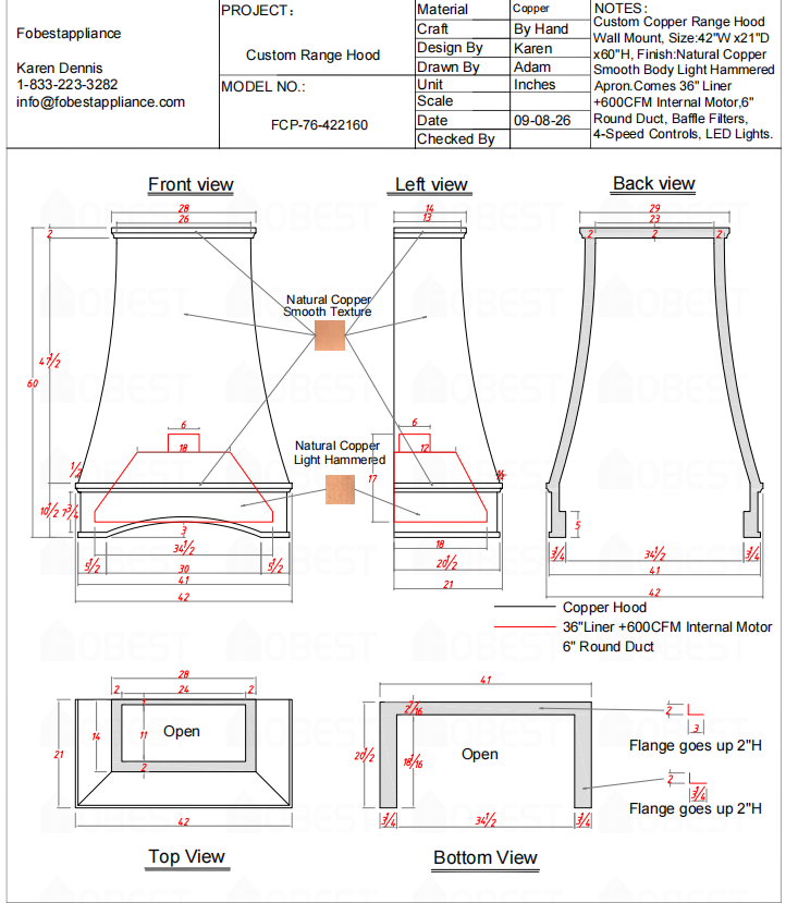 Fobest Custom Range Hood-FCP-76 Copper Metal Range Hood  Custom Link for Dustin