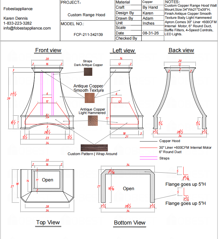 Fobest Custom Range Hood-FCP-211 Copper Metal Range Hood Custom Link for Deanna