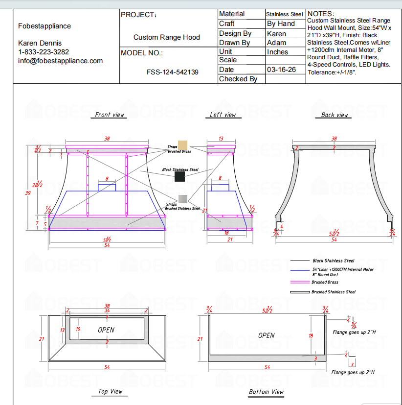 Fobest Custom Range Hood-FSS-124  Custom Link for Joanne