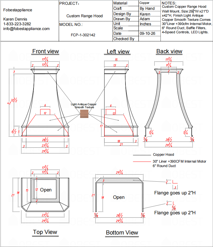 Fobest Custom Range Hood-FCP-1 Copper Metal Range Hood Custom Link for Dale