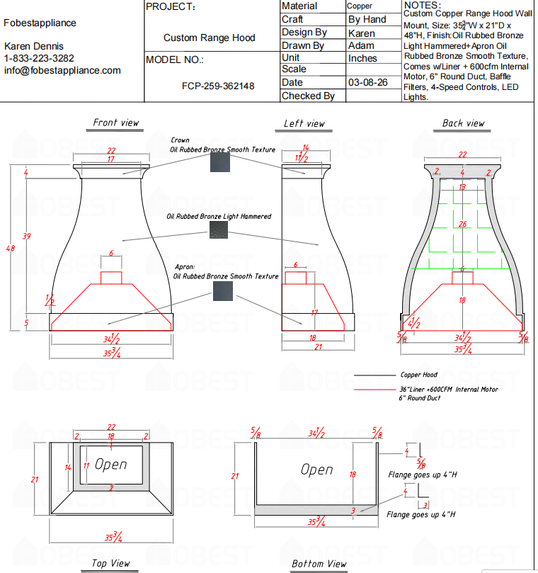 Fobest Custom Range Hood-FCP-259 Custom Link for Daniel Kuemmerle