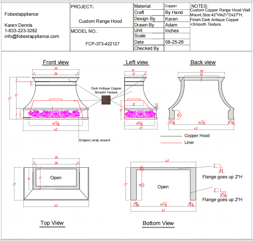 Fobest Custom Range Hood-FCP-373  Copper Metal Range Hood Custom Link for Stan