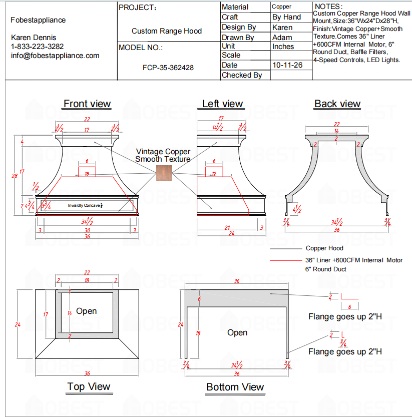 Fobest Custom Range Hood-FCP-35 Copper Metal Range Hood Custom Link for Joshua