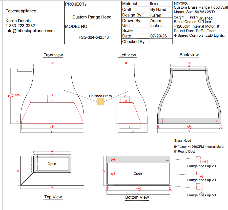 Fobest Custom Range Hood- FSS-364 Brass Range Hood  Metal Range Hood Custom Link for Joe