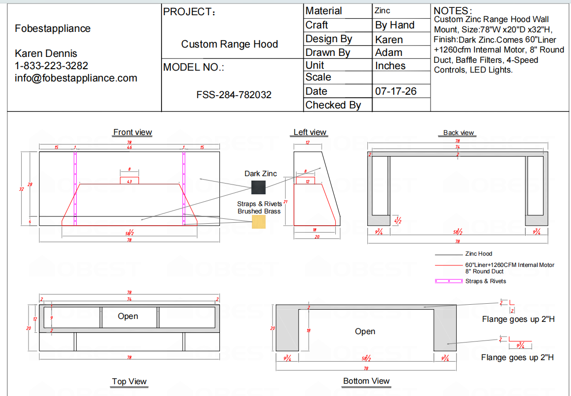 Fobest Custom Range Hood-FSS-284 Zinc Metal Range Hood Custom Link for Amber