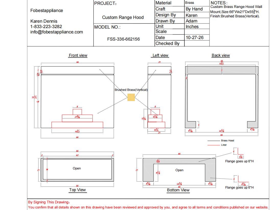 Fobest Custom Range Hood-Fobest FSS-336 Custom Brass Metal Range Hood and Kitchen Appliance Custom Link for GiNo