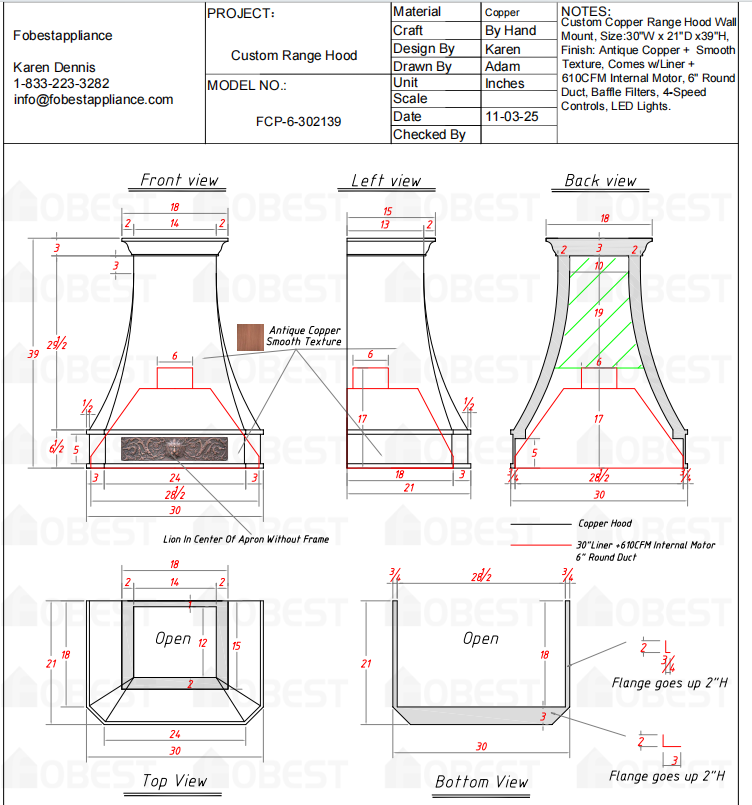 Fobest Custom Metal Range Hood FCP-6-50% Deposit Custom Link for Mike Tetrault