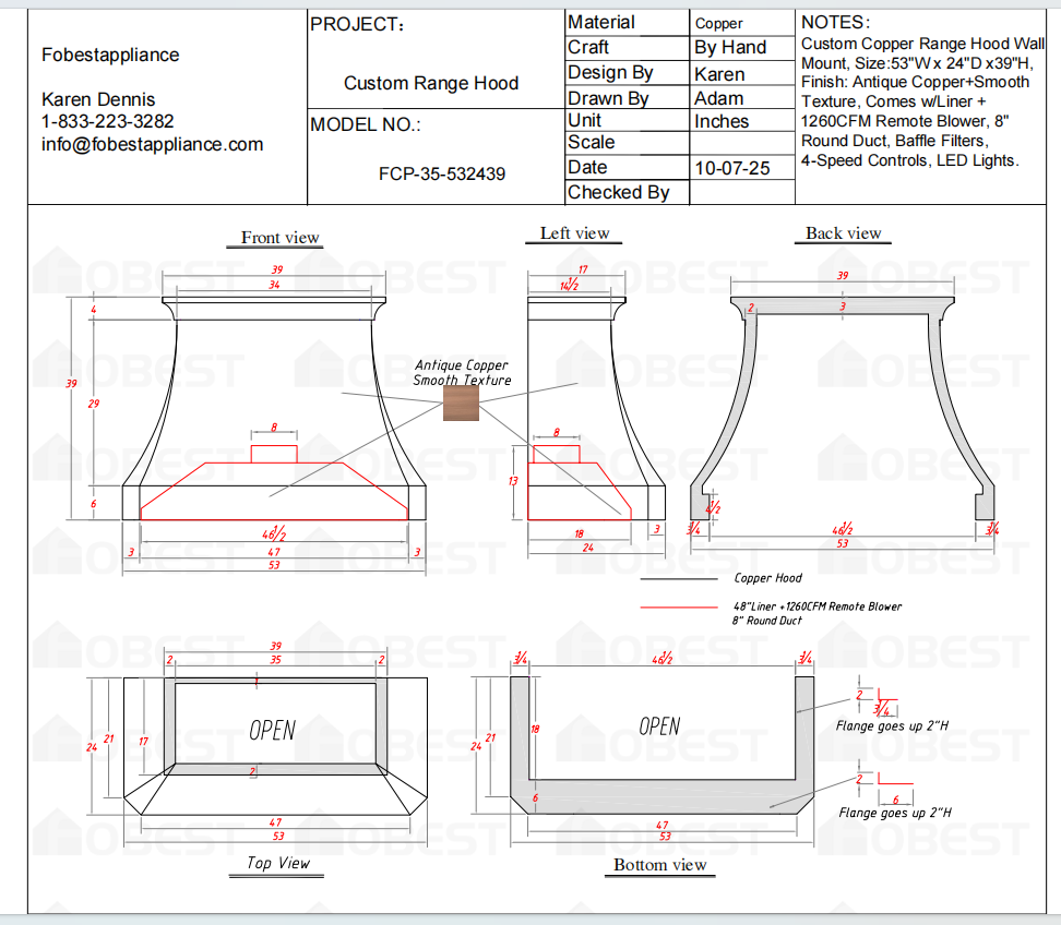 Fobest Custom Metal Range Hood - Custom Link for Pilar Forero