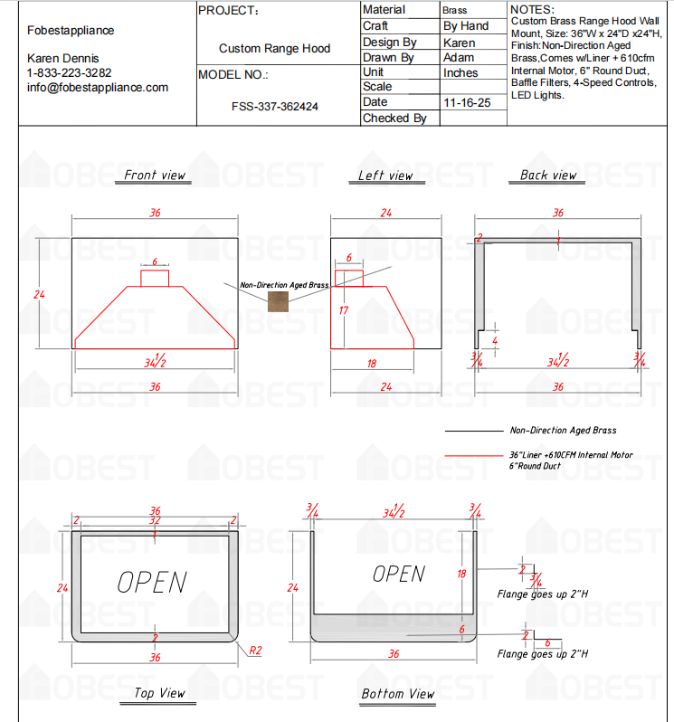 Fobest Custom Metal Range Hood - Canada Custom Order Link for Andrea Hylton