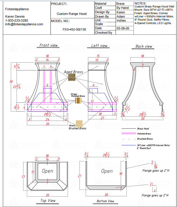 Fobest Custom Range Hood-FSS-452  Custom Link for Gary