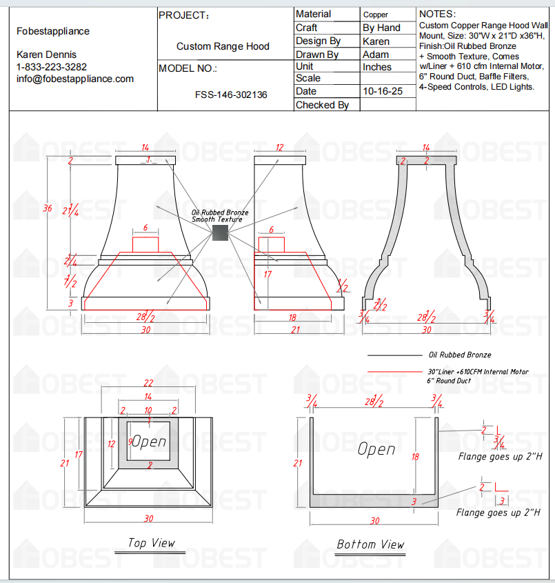 Fobest Custom Metal Range Hood FSS-146 - Custom Link for Mahendra