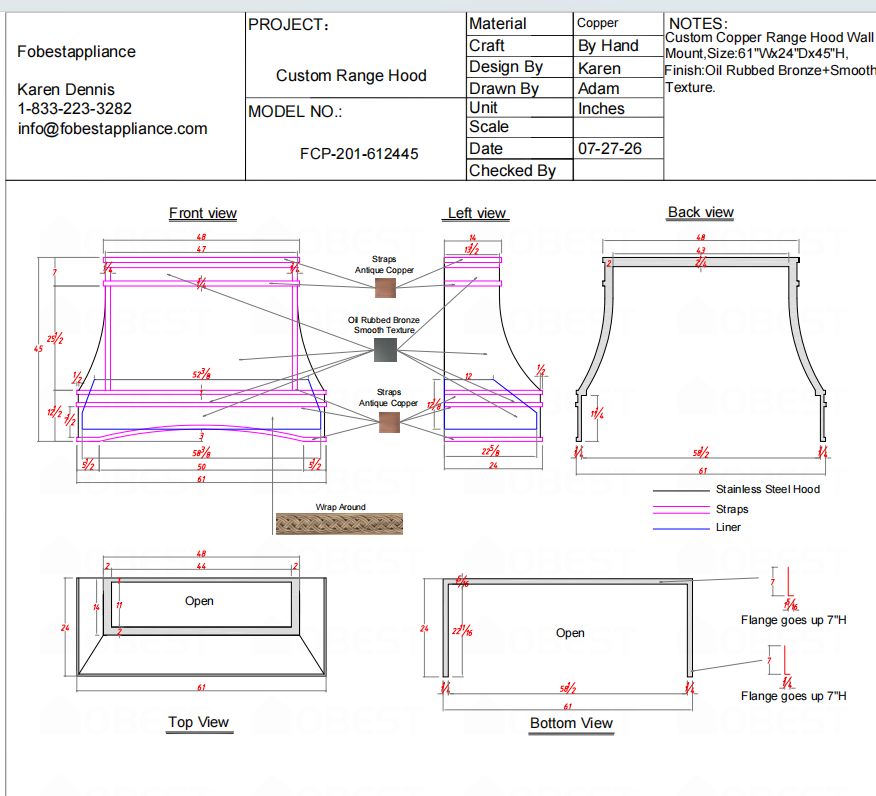 Fobest Custom Range Hood-FCP-201 Oil Rubbed Bronze Metal Range Hood Custom Link for Vinnie