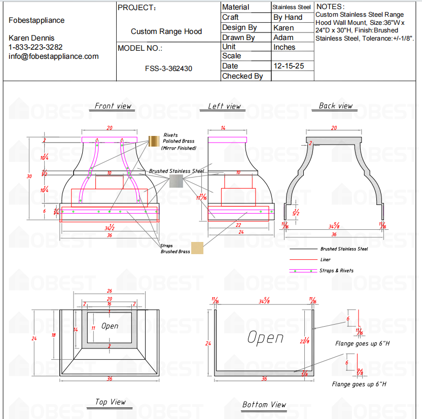 Fobest Custom Metal Range Hood FSS-3 Custom Link for Harper