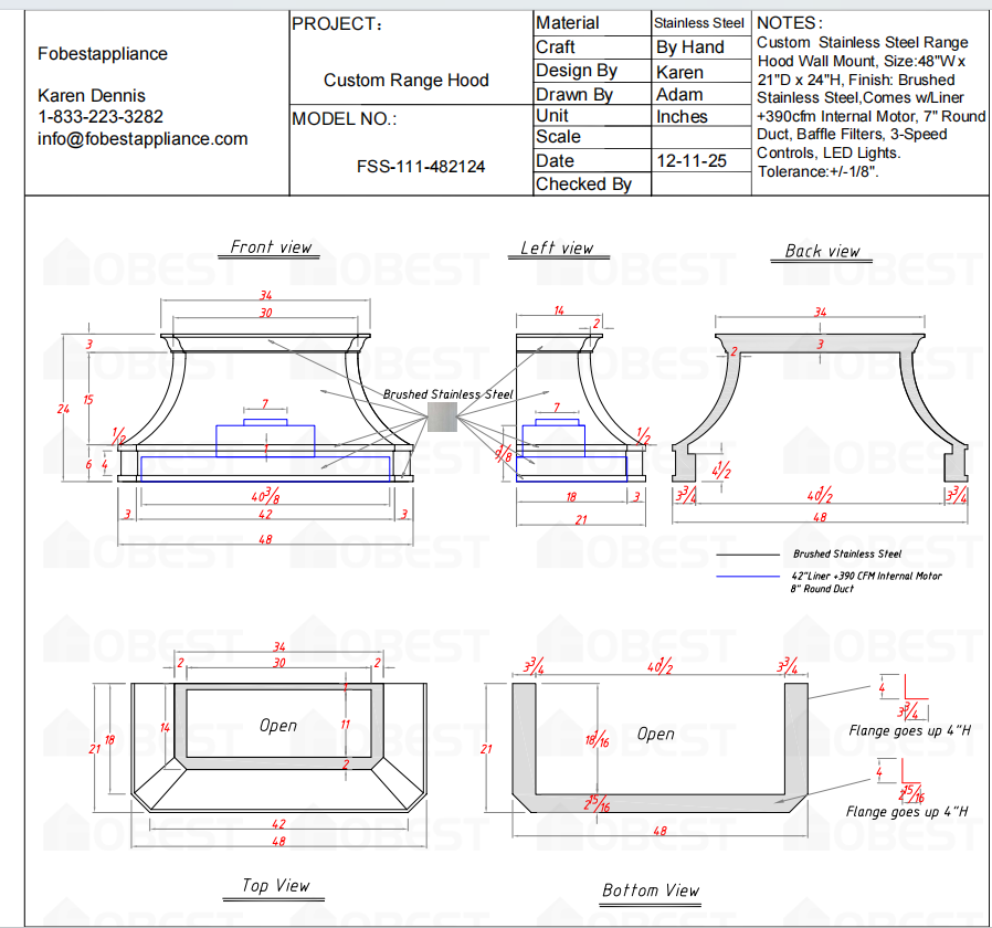 Fobest Custom Metal Range Hood FSS-111 Custom Link for Ellen