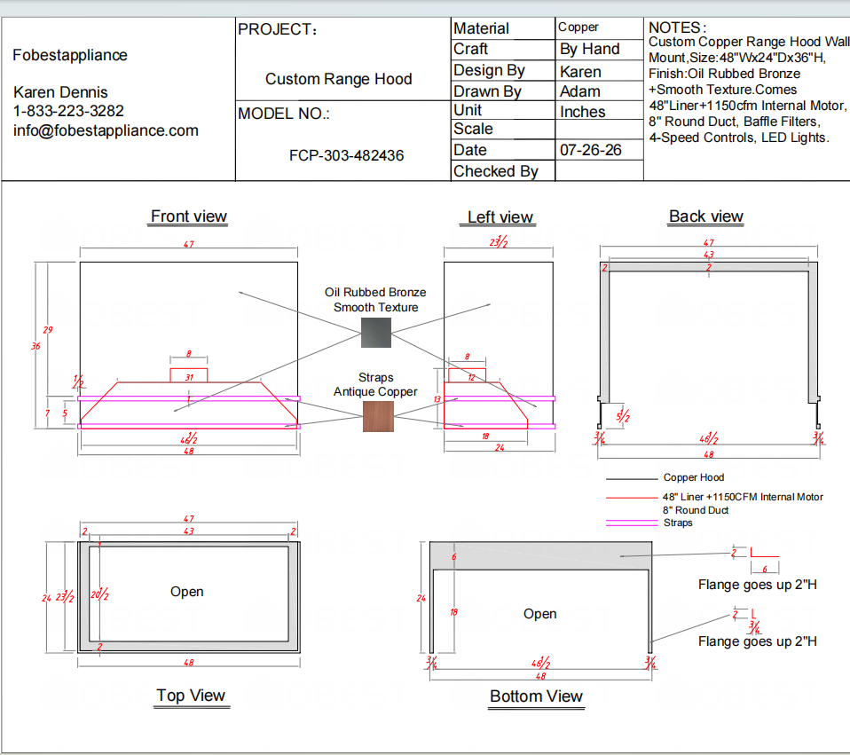 Fobest Custom Range Hood-FCP-303 Bronze Copper Metal Range Hood Custom Link for Max