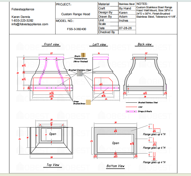 Fobest Custom Metal Range Hood FSS-3 Custom Link for Harper