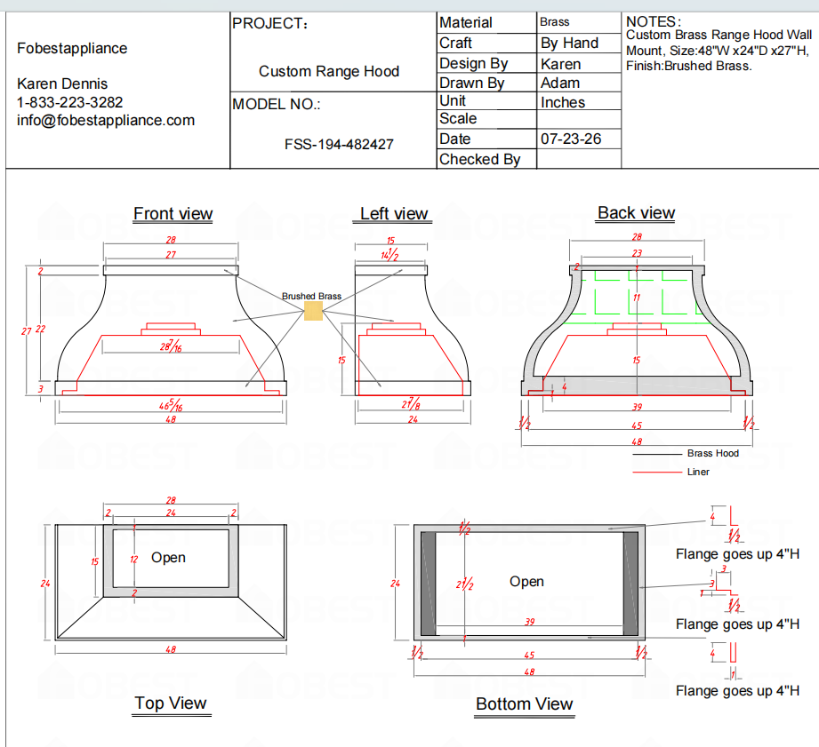 Fobest Custom Range Hood-FSS-194 Brass Metal Range Hood Custom Link for Gianna