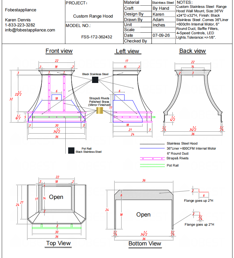 Fobest Custom Range Hood-FSS-172 Stainless Steel Metal Range Hood Custom Link for Heather