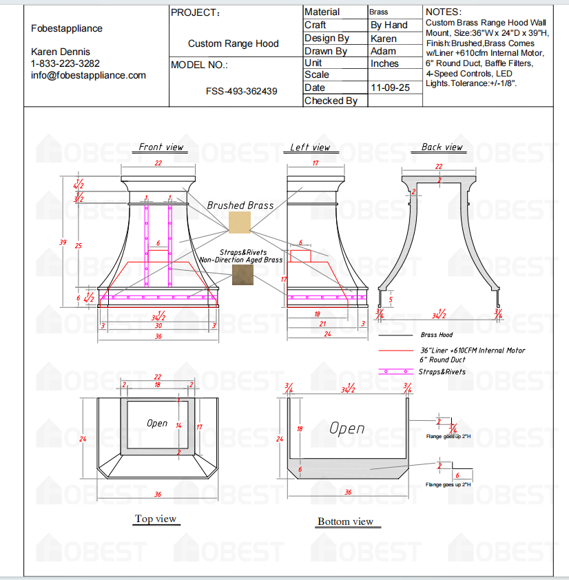 Fobest Custom Metal Range Hood FSS-493 - Custom Link for Lisa