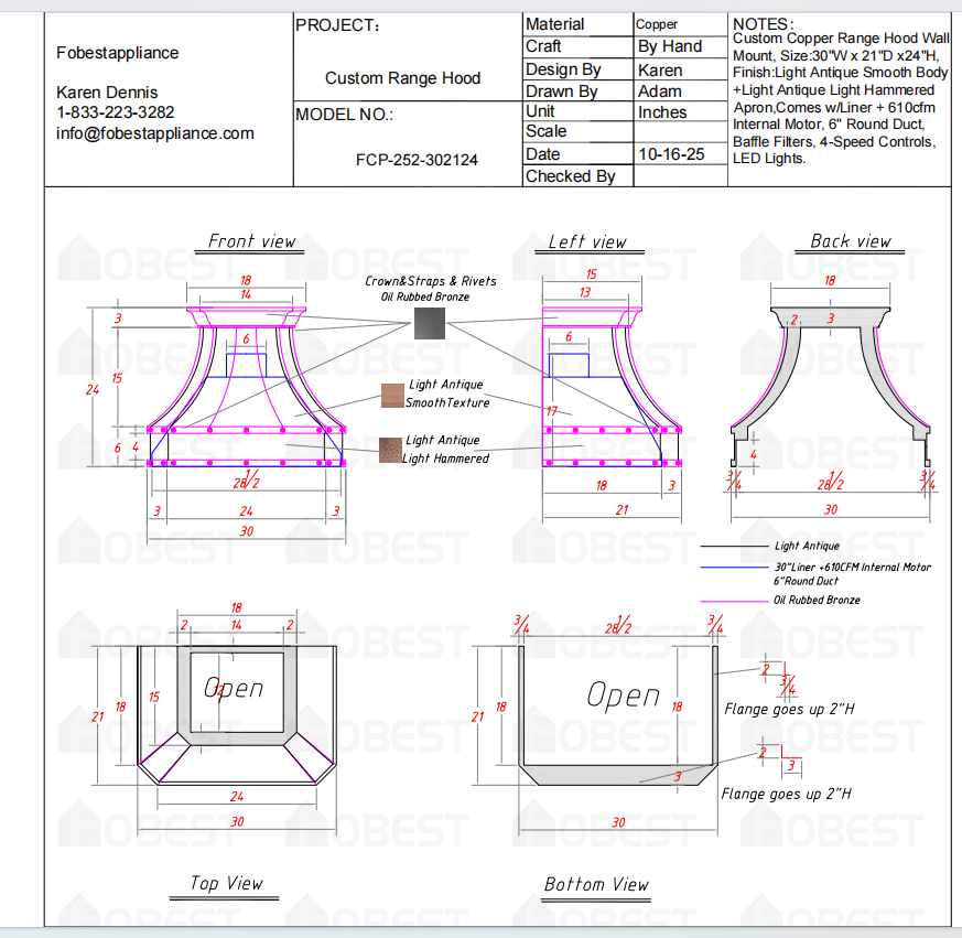 Fobest Custom Metal Range Hood FCP-252 - 50% Deposit Custom Link for Susan