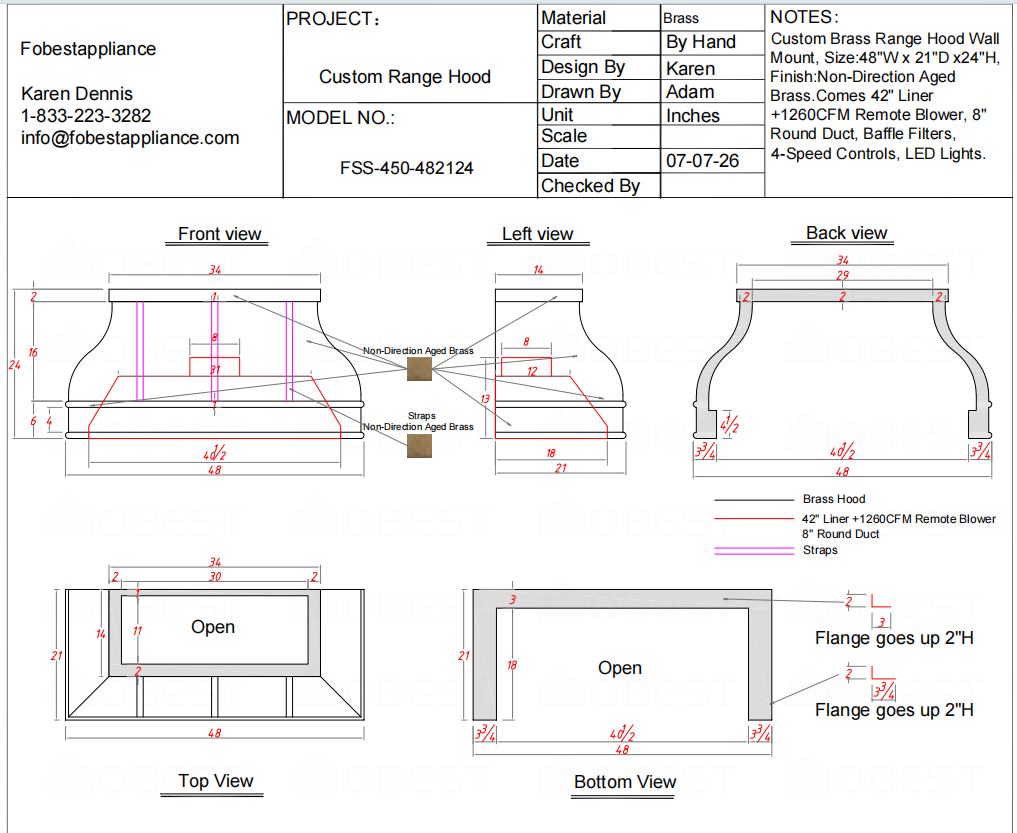 Fobest Custom Range Hood-FSS-450  Brass Metal Range Hood Custom Link for Ryan