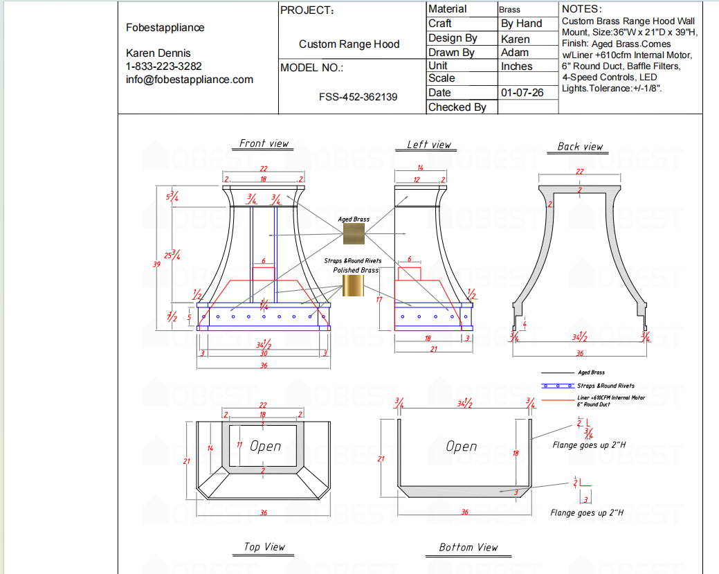 FOBEST Custom Range Hood FSS-452 Custom Link for Dianne