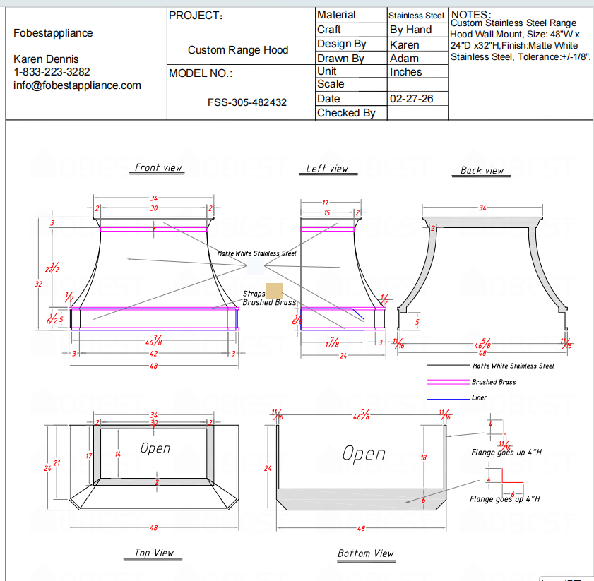 Fobest Custom Range Hood-FSS-305 Custom Link for Terry