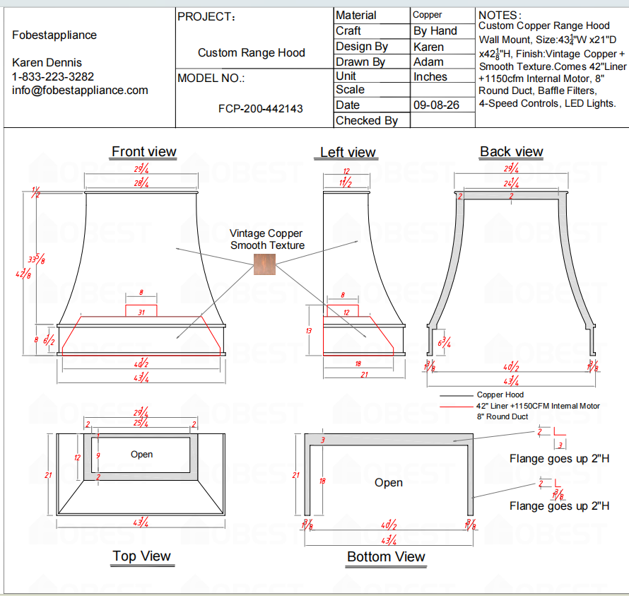 Fobest Custom Range Hood-FCP-200 Copper Metal Range Hood  Custom Link for Mandy