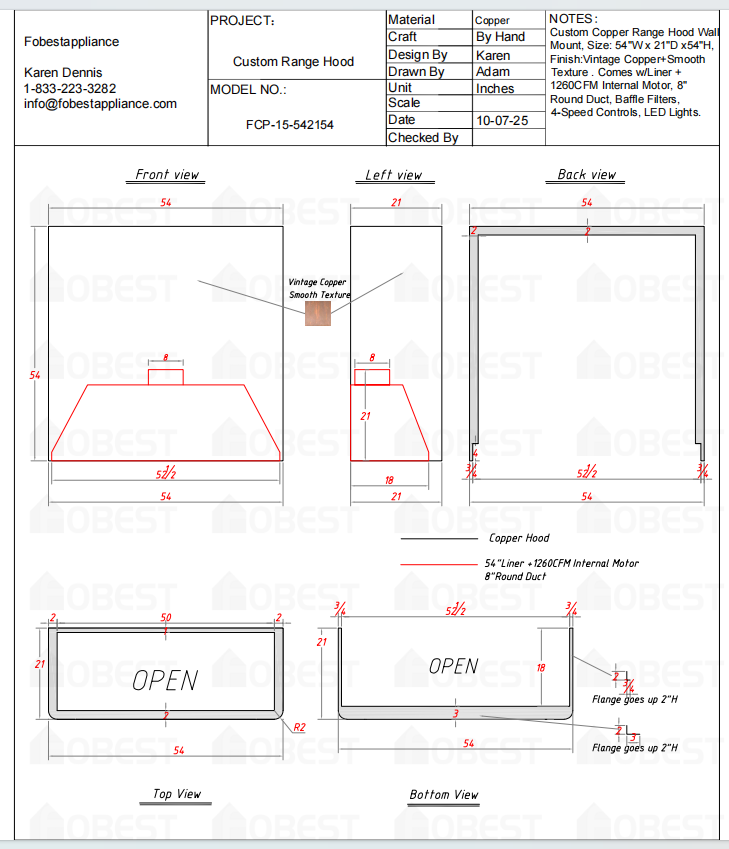 Fobest Custom Metal Range Hood - Custom Link for Adi Gabbai  