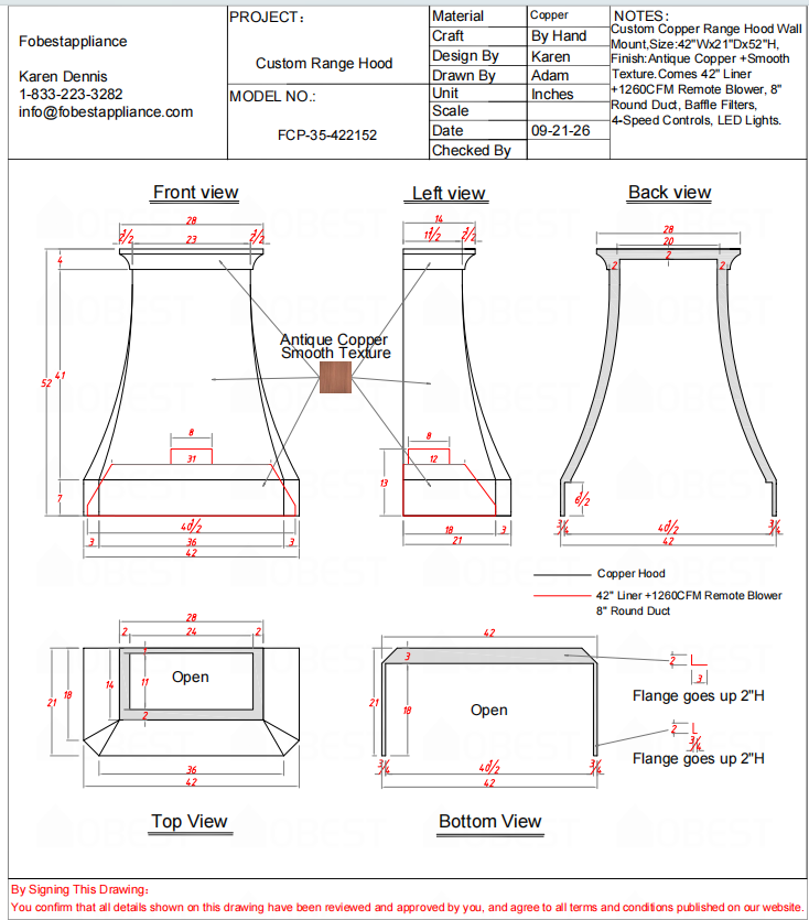 Fobest Custom Range Hood-FCP-35- Copper Metal Range Hood Custom Link for kathy