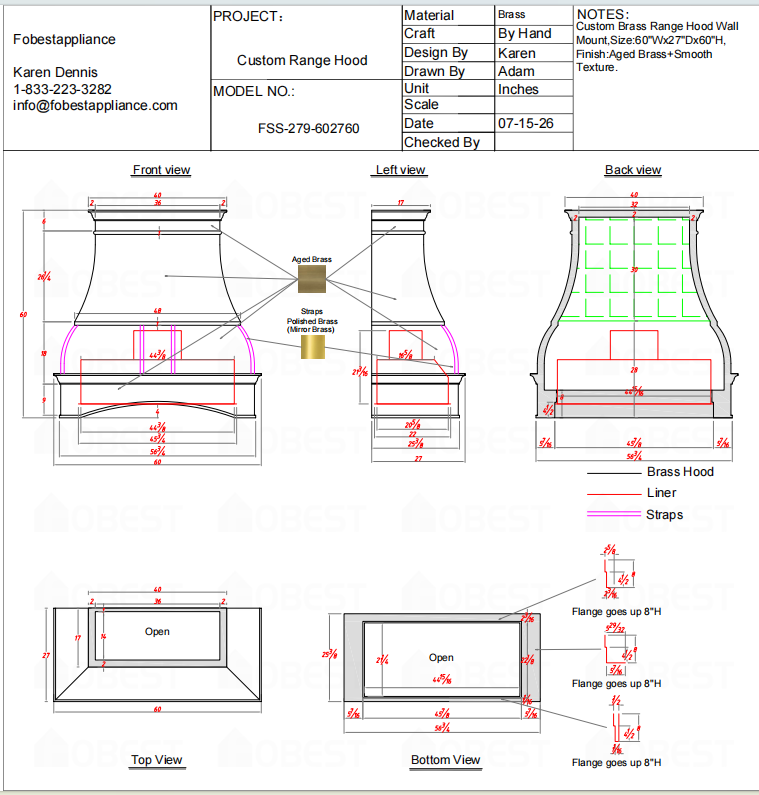 Fobest Custom Range Hood-FSS-279 Brass Metal Range Hood Custom Link for Miguel