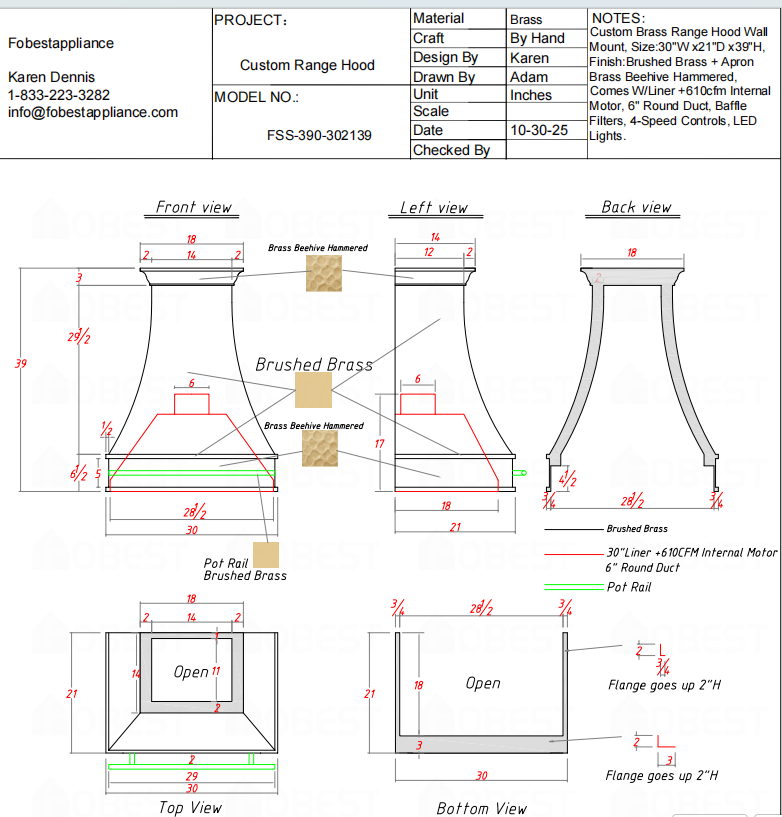 Fobest Custom Range Hood-FSS-390 Brass Metal Range Hood Custom Link for Joleen