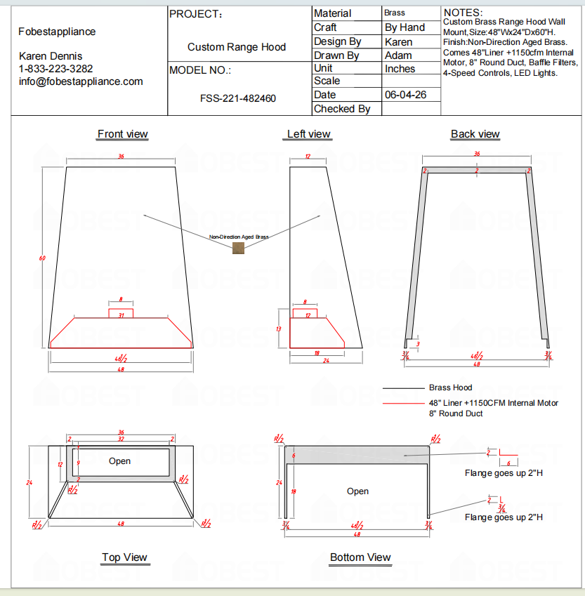 FOBEST Custom FSS-221 Range Hood – Custom Order Link for Lauren