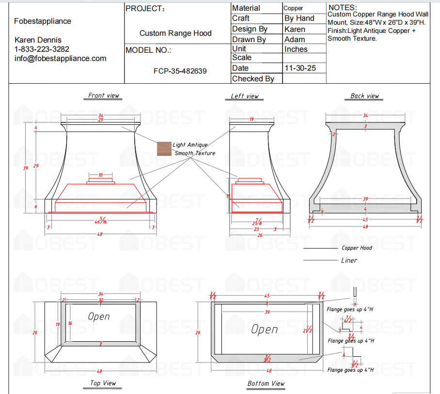 Fobest Custom Metal Range Hood FCP-35 Custom Link for Audreanna 