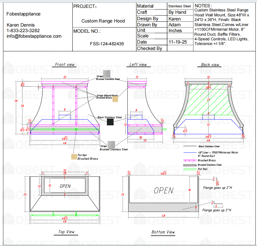 Fobest Custom Metal Range Hood FSS-124 Custom Link for Martha