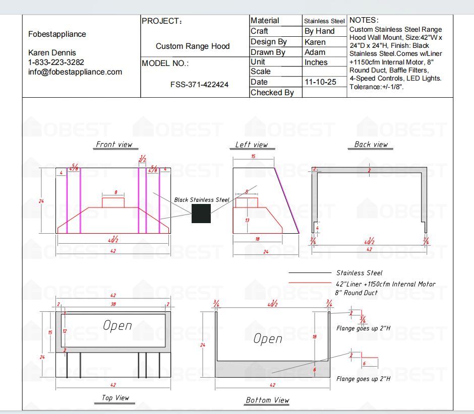Fobest Custom Metal Range Hood FSS-371 - 50% Deposit Custom Link for Stephanie Sola-Sole