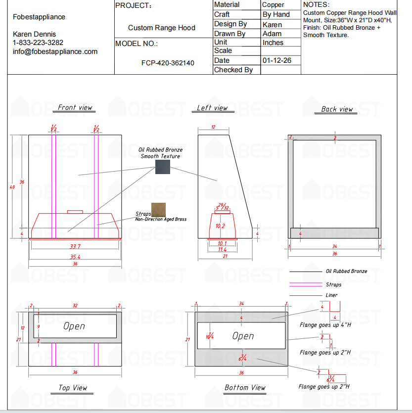FOBEST Custom Range Hood FCP-420 Custom Link for Molly