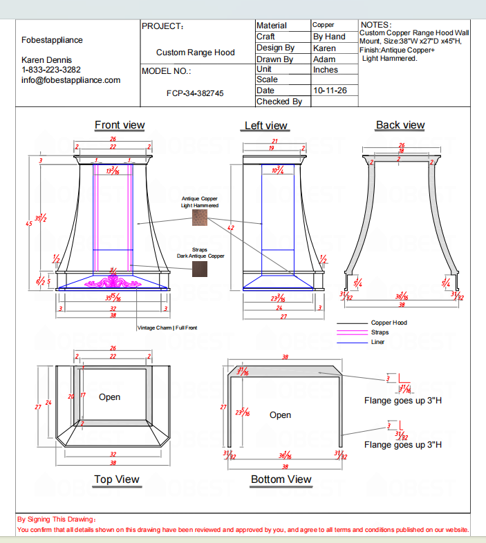 Fobest Custom Range Hood-FCP-34 Copper Metal Range Hood Custom Link for Mark