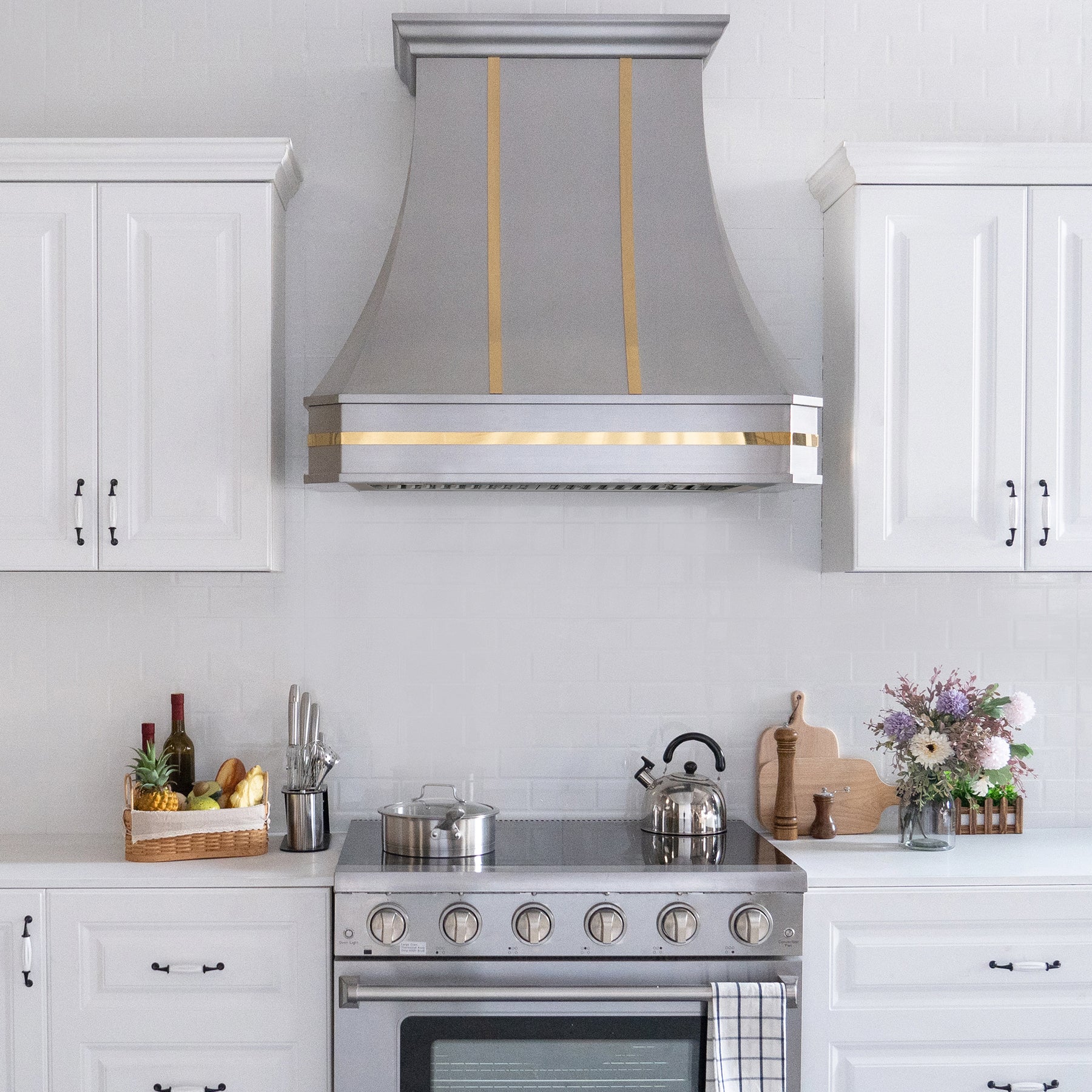 fobest brushed stainless steel range hood with polished brass straps